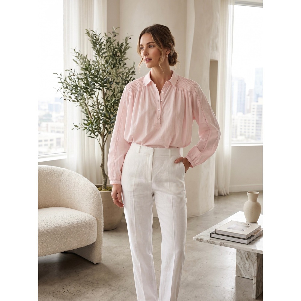 Xirena Daisy Womens Pink Cotton Pintuck Lace Inset Balloon Sleeves Blouse Top XS